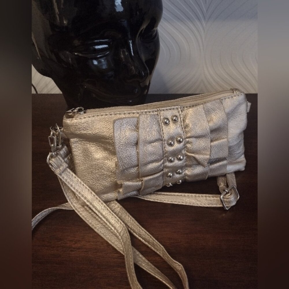 Gold Metallic Wristlet Purse With Ruffles  Studs